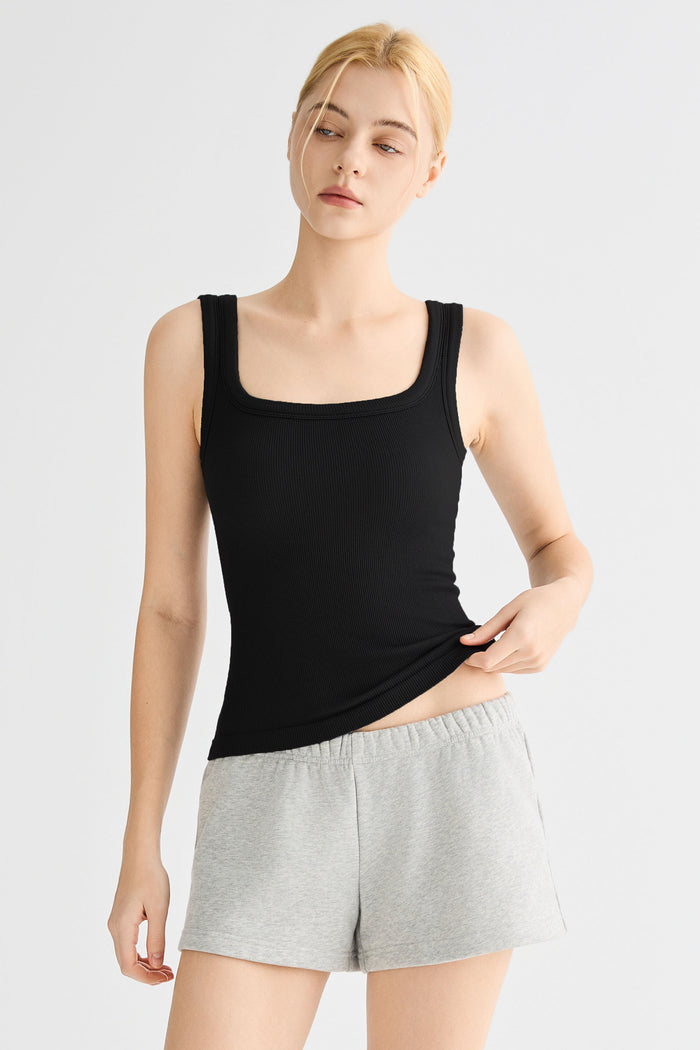 Padded Ribbed Wide-Strap Crew Tank orolay #color_black