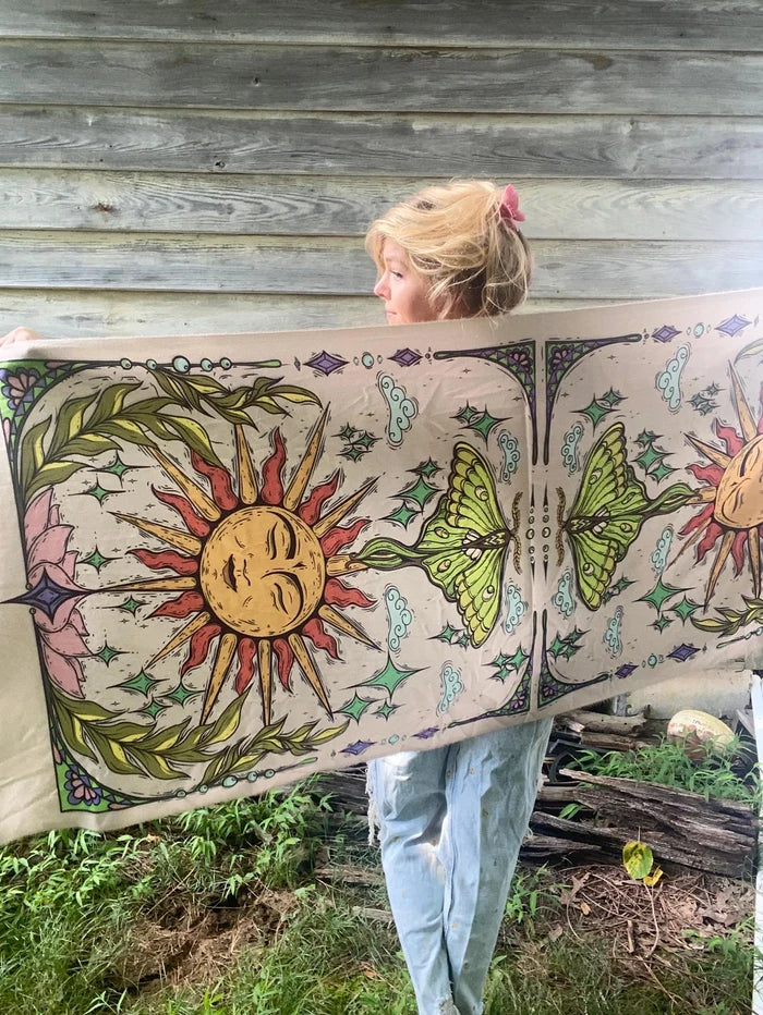 Pashmina Scarf / Wall Hanging / Sun and Luna Moth / Original Art By Melanie Bodnar-Final Sale
