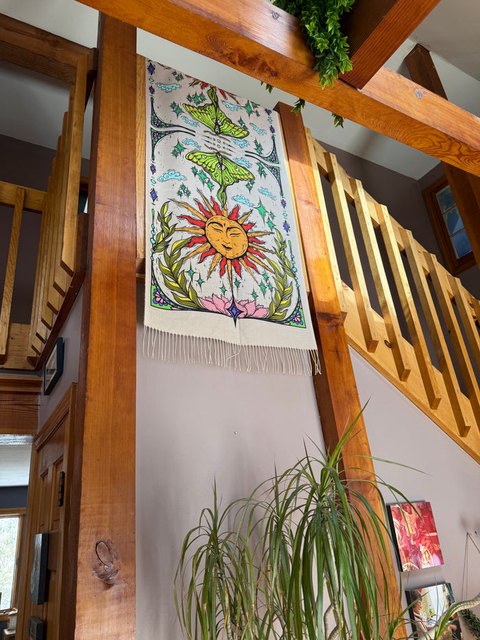 Pashmina Scarf / Wall Hanging / Sun and Luna Moth / Original Art By Melanie Bodnar-Final Sale