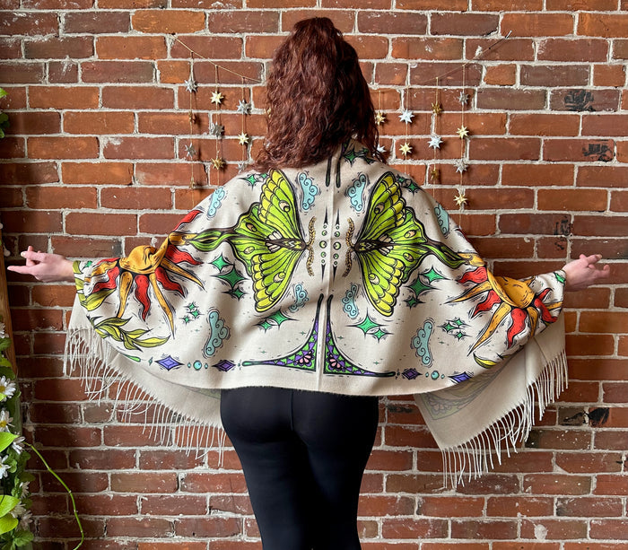 Pashmina Scarf / Wall Hanging / Sun and Luna Moth / Original Art By Melanie Bodnar-Final Sale