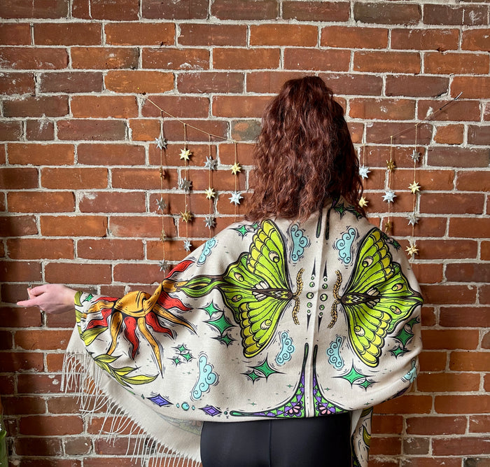 Pashmina Scarf / Wall Hanging / Sun and Luna Moth / Original Art By Melanie Bodnar-Final Sale
