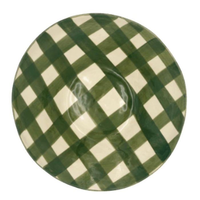 Eclectic Wonki Ware handcrafted pottery salad bowl featuring a unique green and white hand-painted gingham pattern.