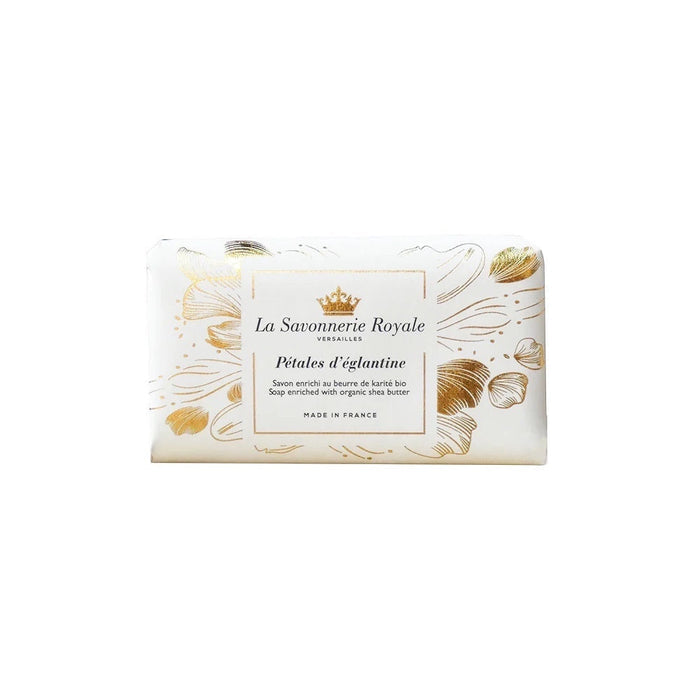 Eclectic La Savonnerie Royale Petales d’Eglantine rosehip soap in elegant white and gold illustrated packaging.