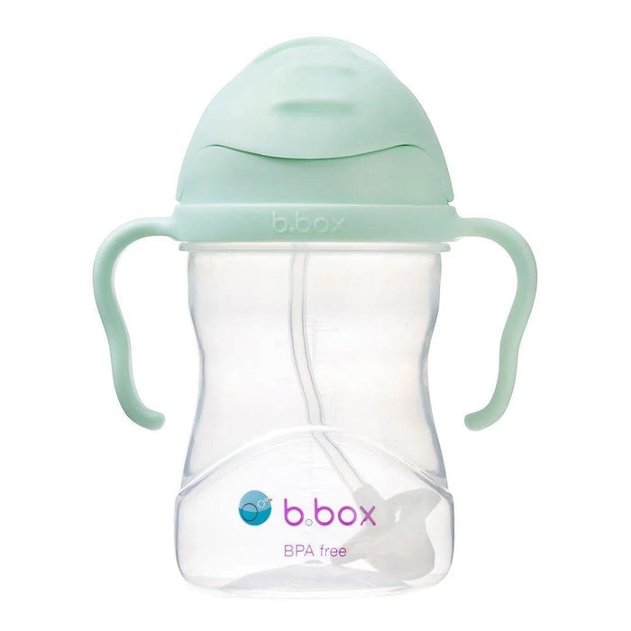 Eclectic b.box pistachio green weighted straw sippy cup with easy-grip handles and flip-top lid for toddlers.