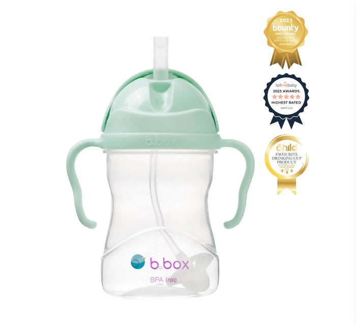 Eclectic b.box pistachio green sippy cup with weighted straw, easy-grip handles, and flip-top lid for toddlers.