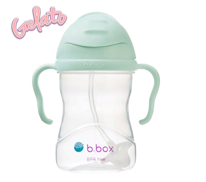 Eclectic b.box pistachio green weighted straw sippy cup with easy-grip handles and flip-top lid for toddlers.