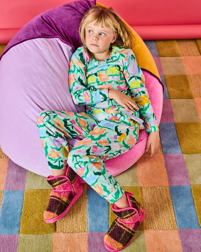 Popping Flowers Green Kids Organic Cotton Long Sleeve Top & Pant Pyjama Set