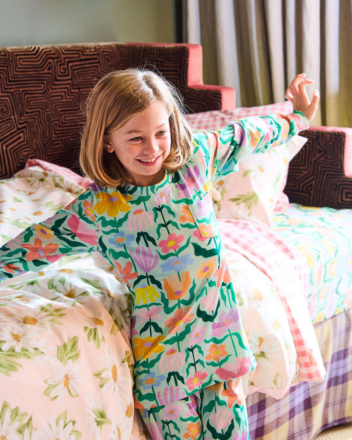 Popping Flowers Green Kids Organic Cotton Long Sleeve Top & Pant Pyjama Set