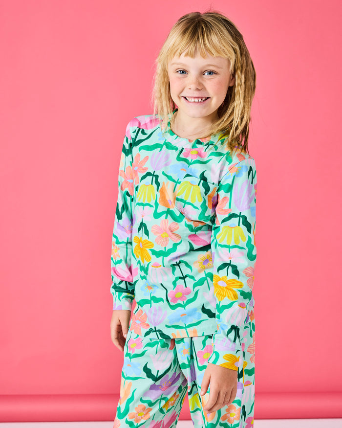 Popping Flowers Green Kids Organic Cotton Long Sleeve Top & Pant Pyjama Set