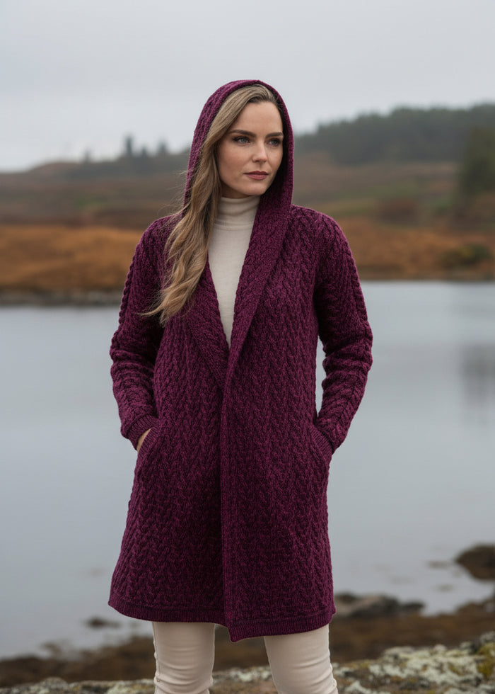 Aran Crafts Herringbone Shawl Hooded Cardigan | Purple