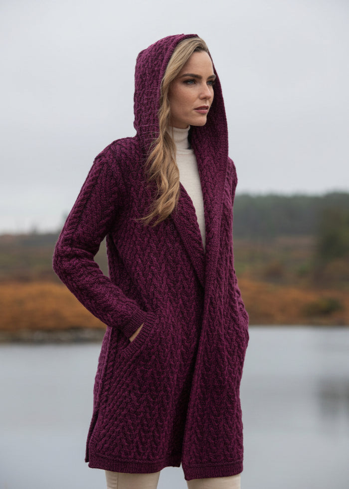 Aran Crafts Herringbone Shawl Hooded Cardigan | Purple
