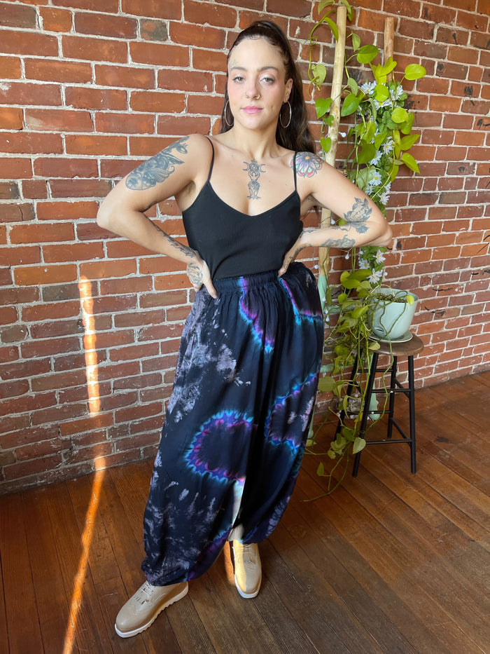 Raven Tie Dye Harem Pants -Blue Yellow Purple- Fair Trade Made