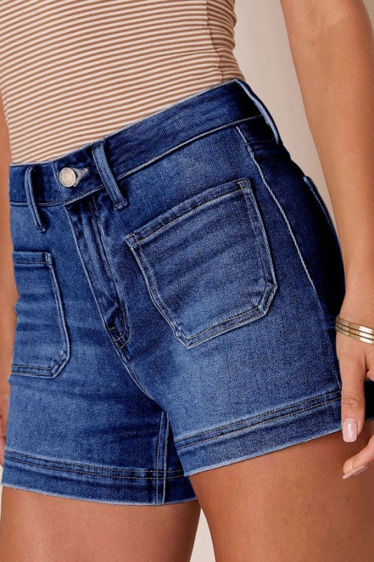 Ready For The Day Stretch Shorts-Dark Denim-SMALL-Cute-Trendy-Shop-Womens-Boutique-Clothing-Store
