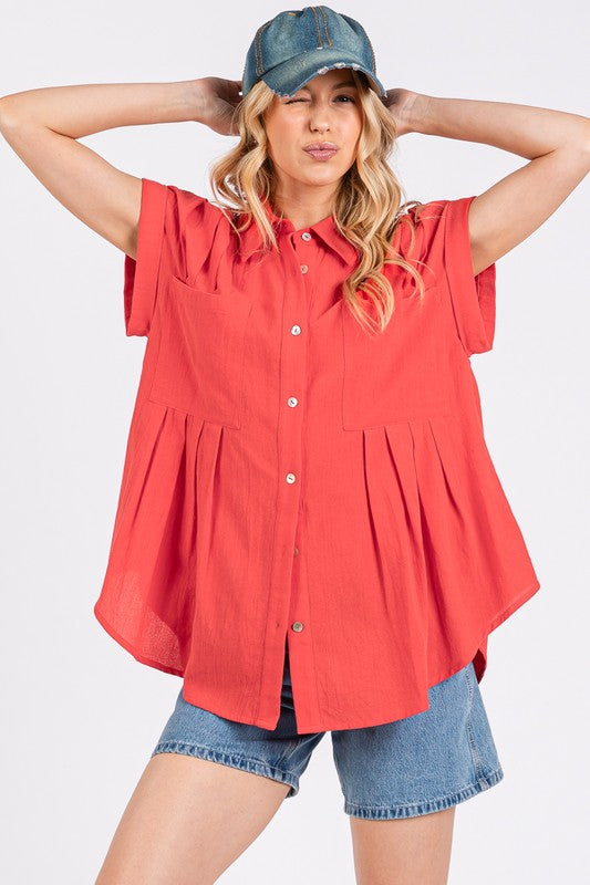 Real Deal Cotton Button Up Top-Red-SMALL-Cute-Trendy-Shop-Womens-Boutique-Clothing-Store