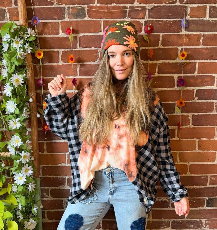 Retro Boho Floral /Mushroom Print Beanie Hat/ - Small Business Made-Final Sale