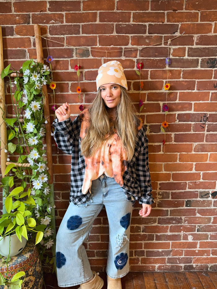 Retro Boho Floral /Mushroom Print Beanie Hat/ - Small Business Made-Final Sale