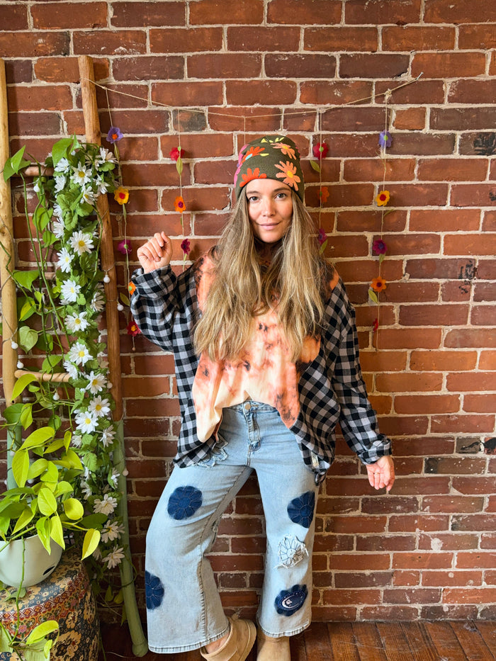Retro Boho Floral /Mushroom Print Beanie Hat/ - Small Business Made-Final Sale