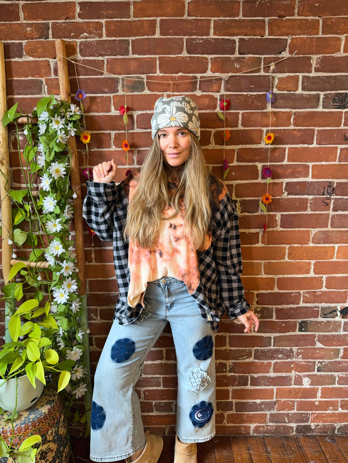 Retro Boho Floral /Mushroom Print Beanie Hat/ - Small Business Made-Final Sale