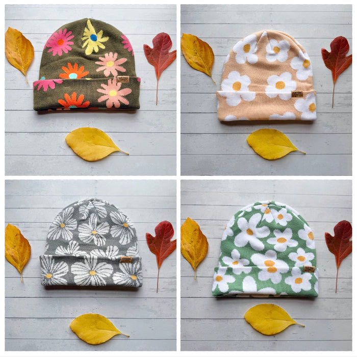 Retro Boho Floral /Mushroom Print Beanie Hat/ - Small Business Made-Final Sale
