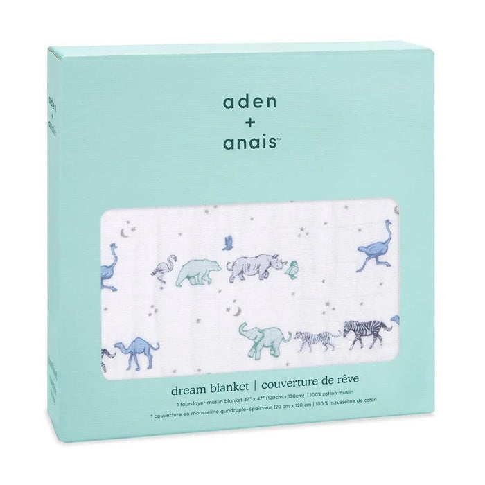 Eclectic Aden + Anais Rising Star dream blanket in four-layer cotton muslin with blue animal print in gift box