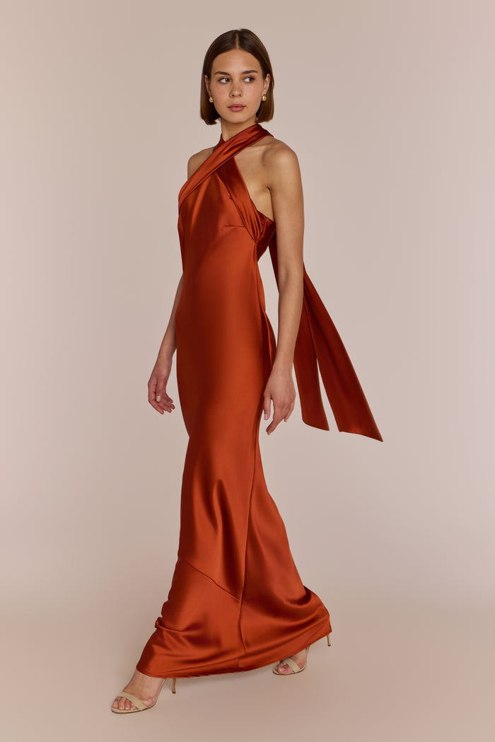 Burnt orange satin halter neck bridesmaid dress with long tie detail - Roma dress back view