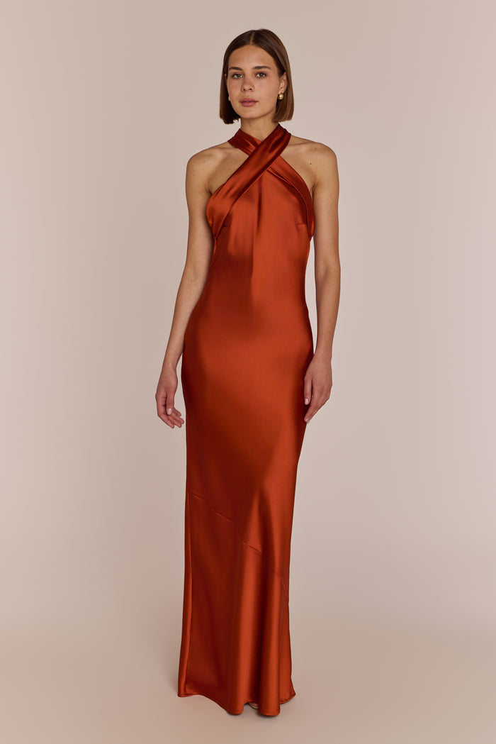 Burnt orange satin bridesmaid dress Roma style - elegant halter neck formal gown detail full length