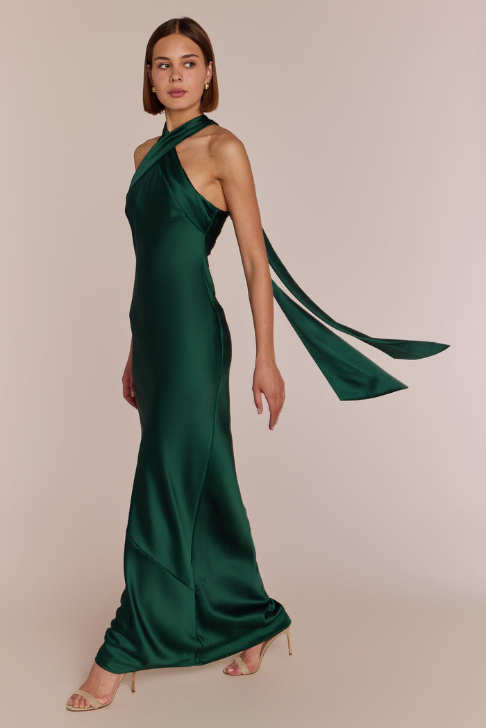 Roma Dress in Forest Green Satin — Halterneck Maxi Bridesmaid Dress