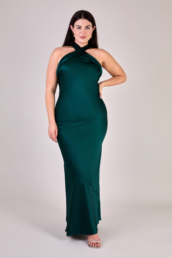 Roma Dress in Forest Green Satin — Halterneck Maxi Bridesmaid Dress
