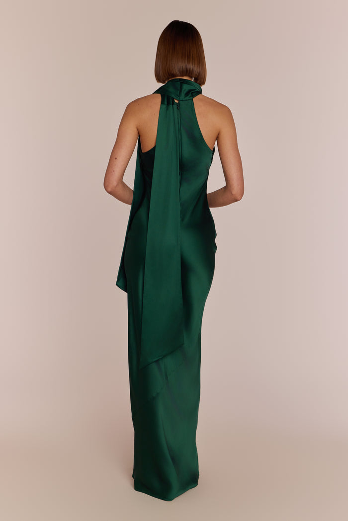 Roma Dress in Forest Green Satin — Halterneck Maxi Bridesmaid Dress