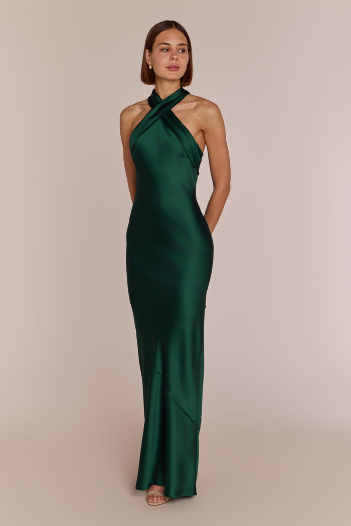 Roma Dress in Forest Green Satin — Halterneck Maxi Bridesmaid Dress