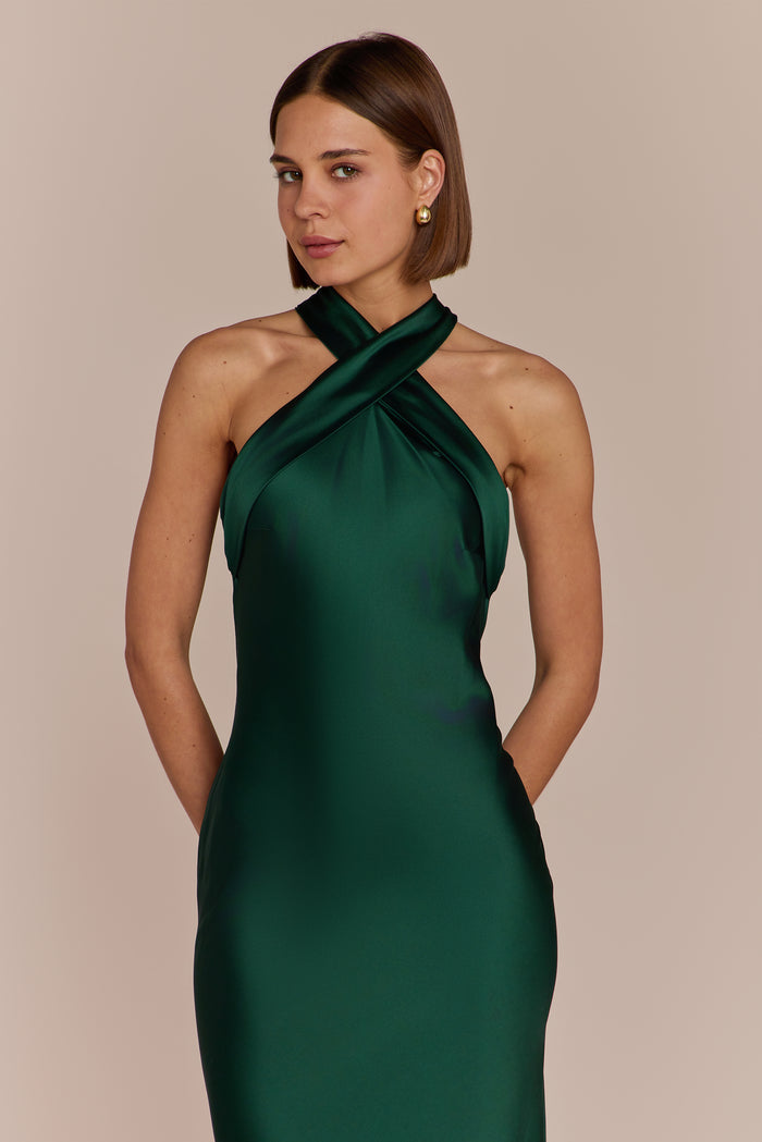 Roma Dress in Forest Green Satin — Halterneck Maxi Bridesmaid Dress