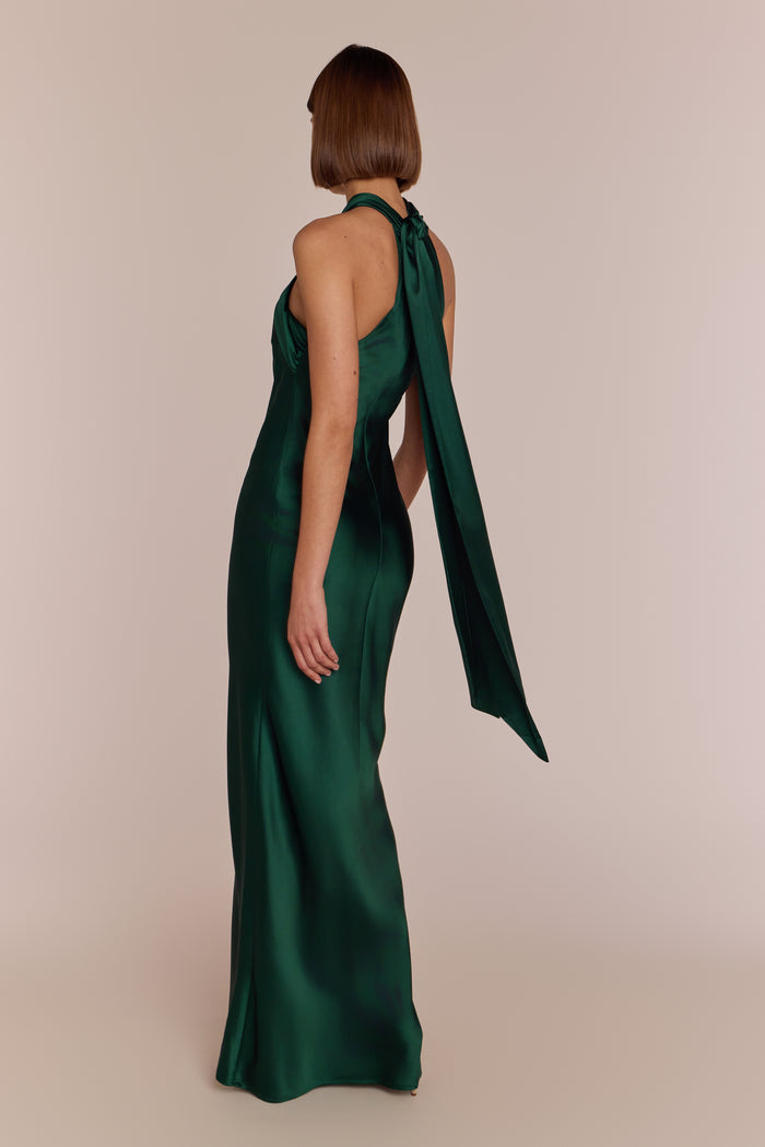 Roma Dress in Forest Green Satin — Halterneck Maxi Bridesmaid Dress
