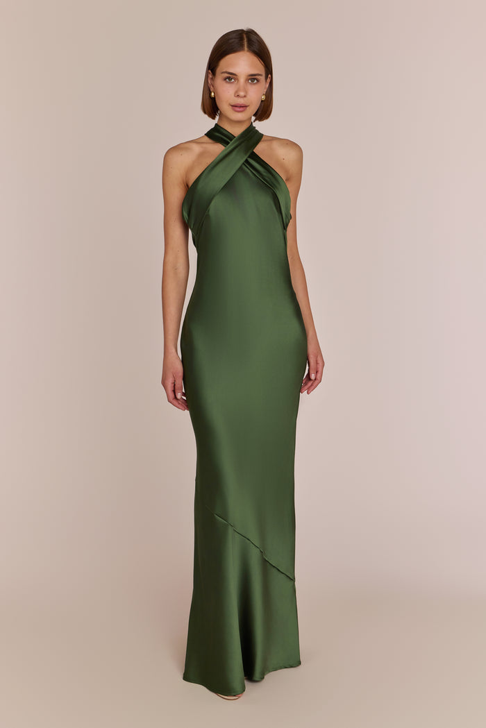 Roma dress in olive green satin - halter neck cross front detail and floor length
