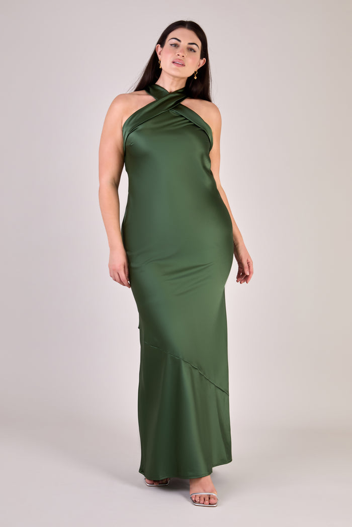 Roma dress in olive green satin - halter neck cross front detail and floor length
