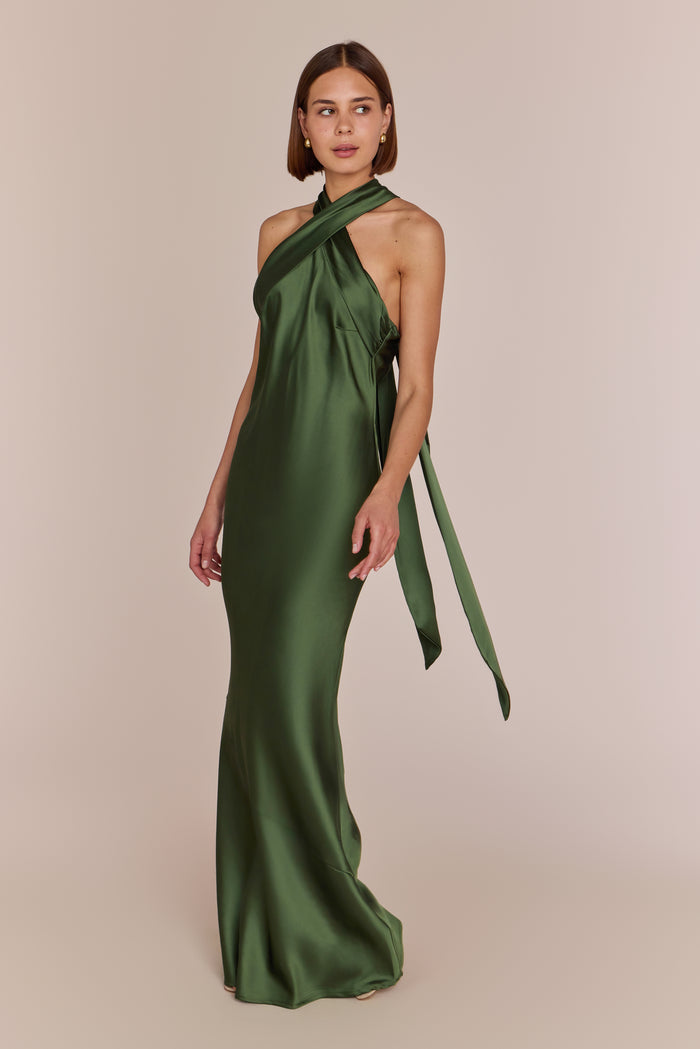 Roma halter neck bridesmaid dress in olive green satin - full length front view