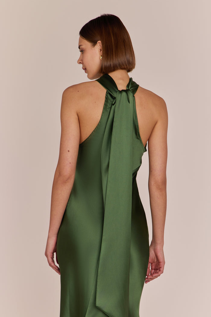 Roma olive green satin dress - elegant halter neck bridesmaid gown back view