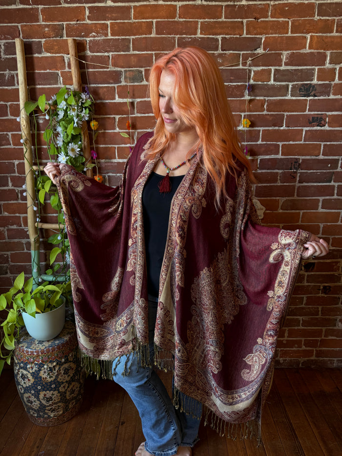 Rust + Gold Goddess Flowy Woven Fringe Kimono Ruana - Made In Canada