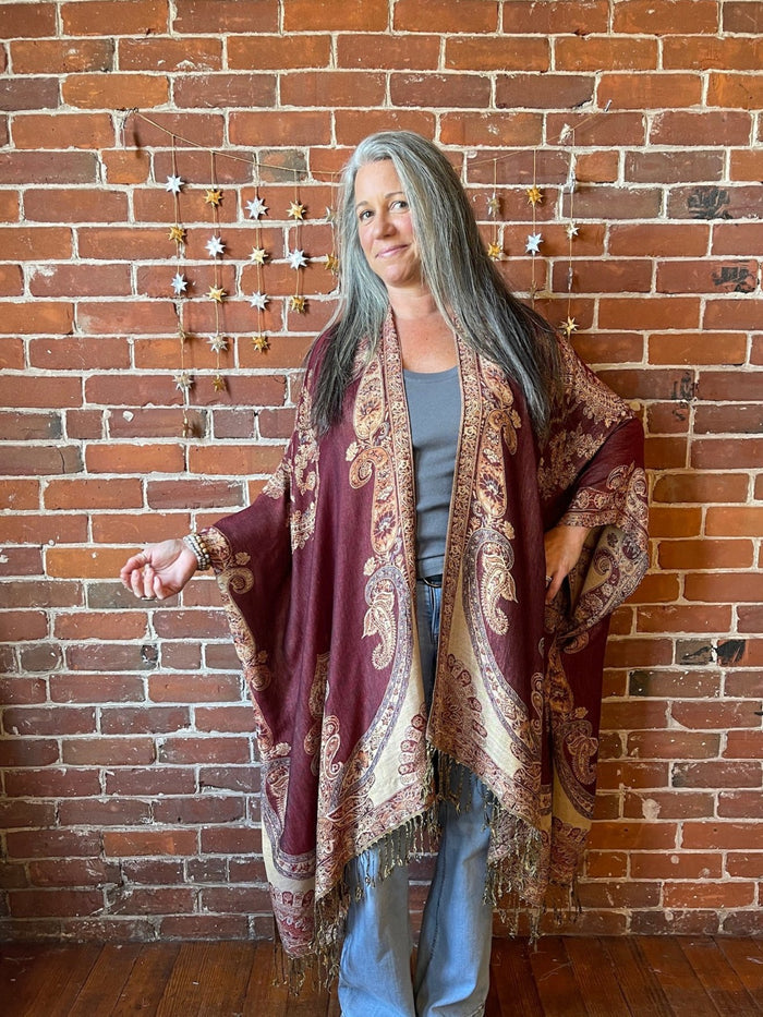 Rust + Gold Goddess Flowy Woven Fringe Kimono Ruana - Made In Canada