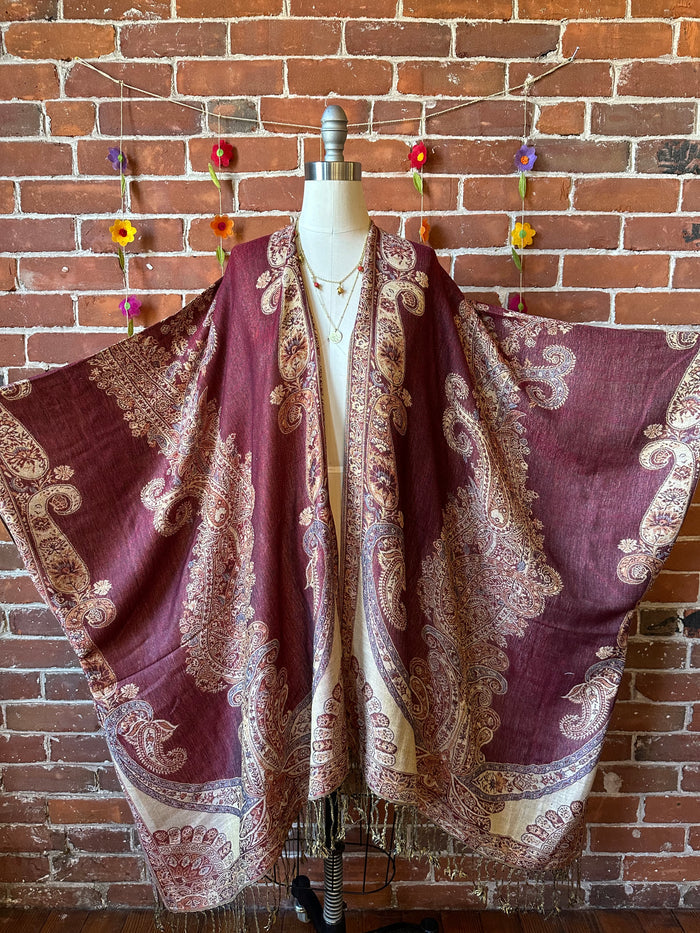 Rust + Gold Goddess Flowy Woven Fringe Kimono Ruana - Made In Canada