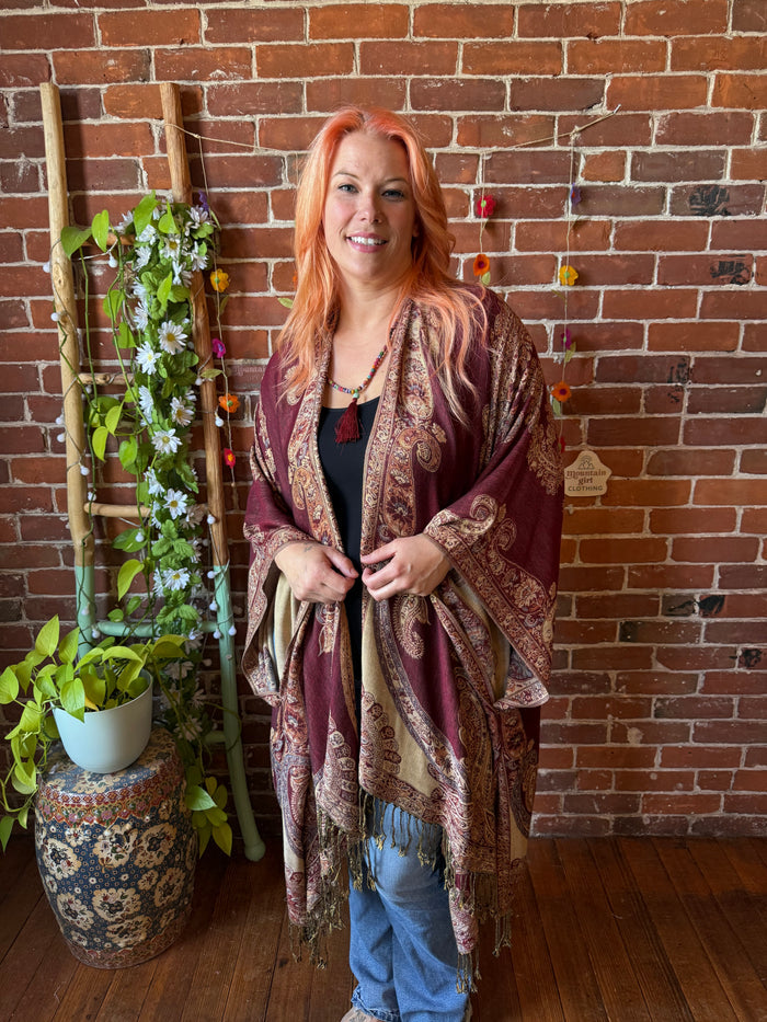 Rust + Gold Goddess Flowy Woven Fringe Kimono Ruana - Made In Canada