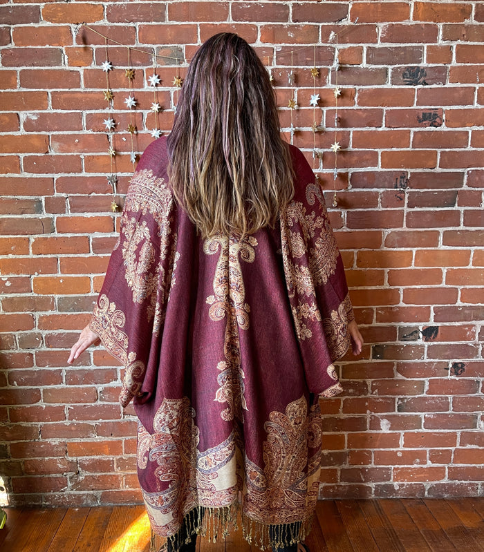 Rust + Gold Goddess Flowy Woven Fringe Kimono Ruana - Made In Canada