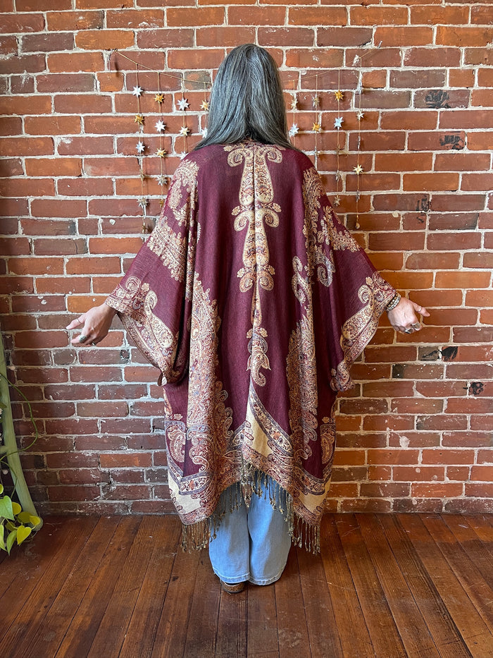 Rust + Gold Goddess Flowy Woven Fringe Kimono Ruana - Made In Canada