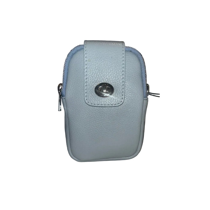 Eclectic Siena light blue Italian leather phone crossbody bag with silver hardware and front slip pocket