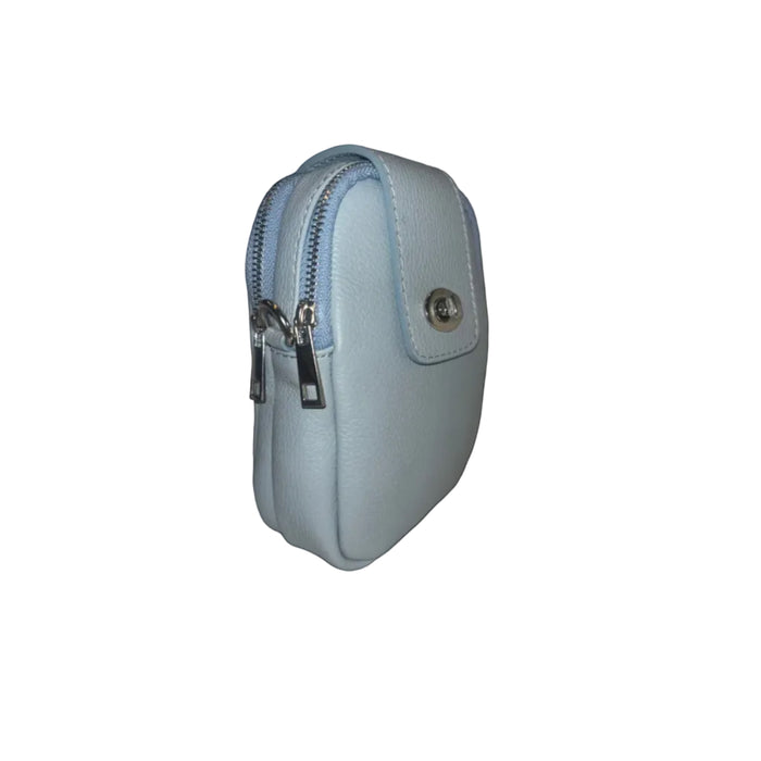 Eclectic Siena light blue Italian leather phone crossbody bag with silver hardware and dual zip compartments.