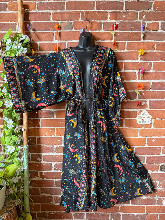 Silk Long Celestial Print Goddes Kimono -Moon Sun + Stars - Two Colors