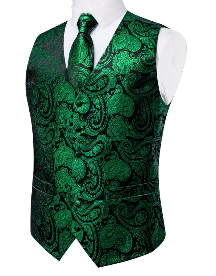 Simon Von Green Paisley Jacquard Silk Waistcoat Vest Handkerchief Cufflinks Tie Set- MJ0149 - SimonVon Shop