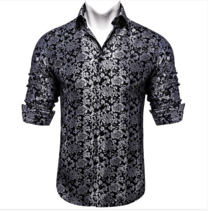 Simon. Von Luxury Grey Black Paisley Silk Shirt-CY-2037 - SimonVon Shop