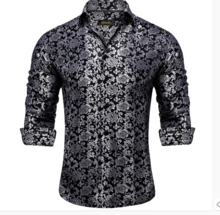 Simon. Von Luxury Grey Black Paisley Silk Shirt-CY-2037 - SimonVon Shop