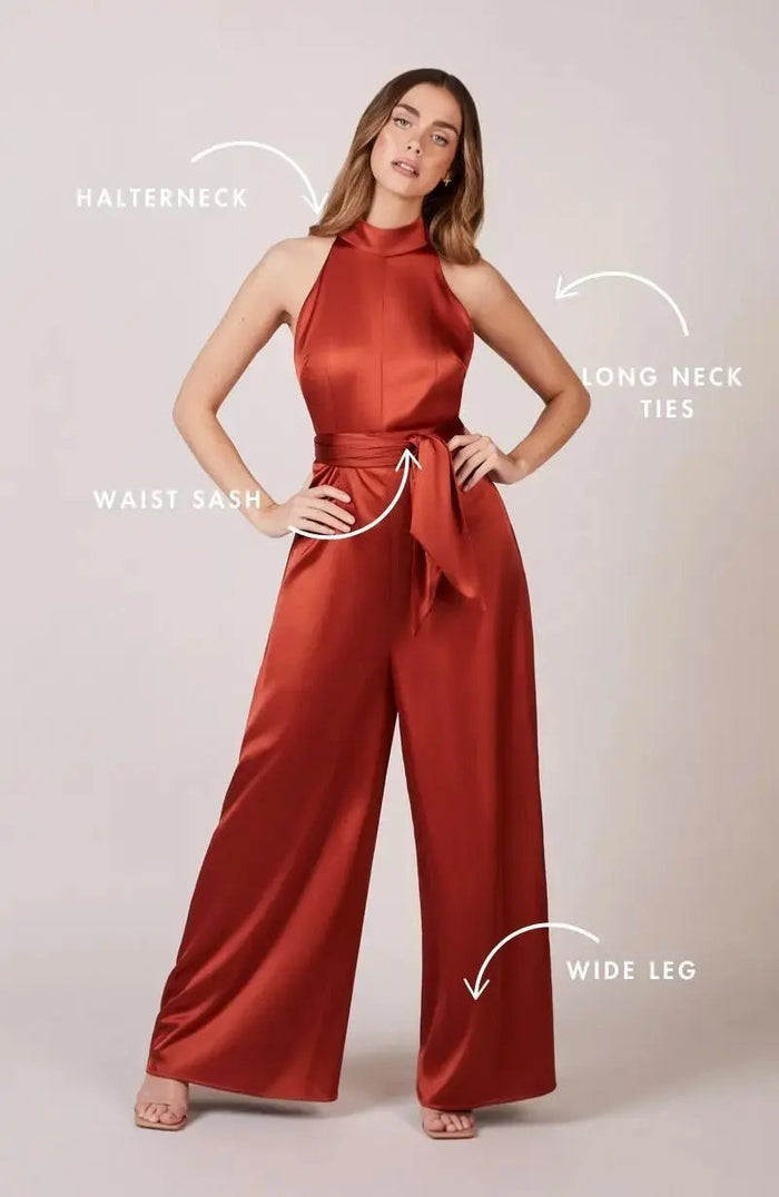 Soho Jumpsuit in Burnt Orange Satin Rewritten London
