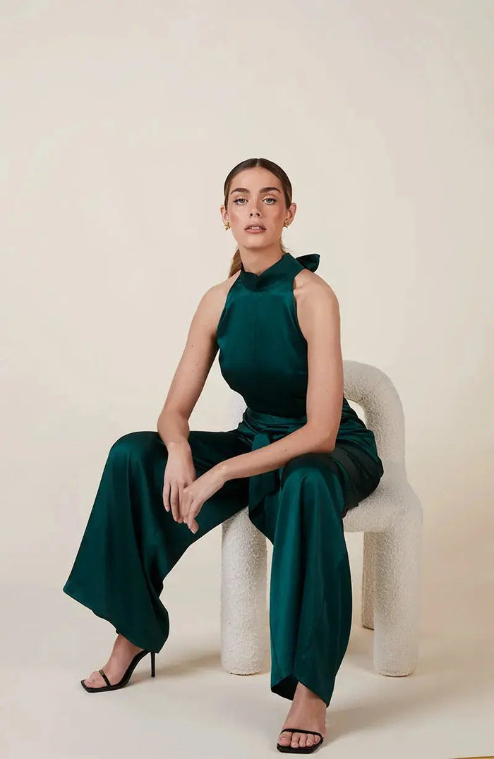 Soho Jumpsuit in Forest Green Satin Rewritten London